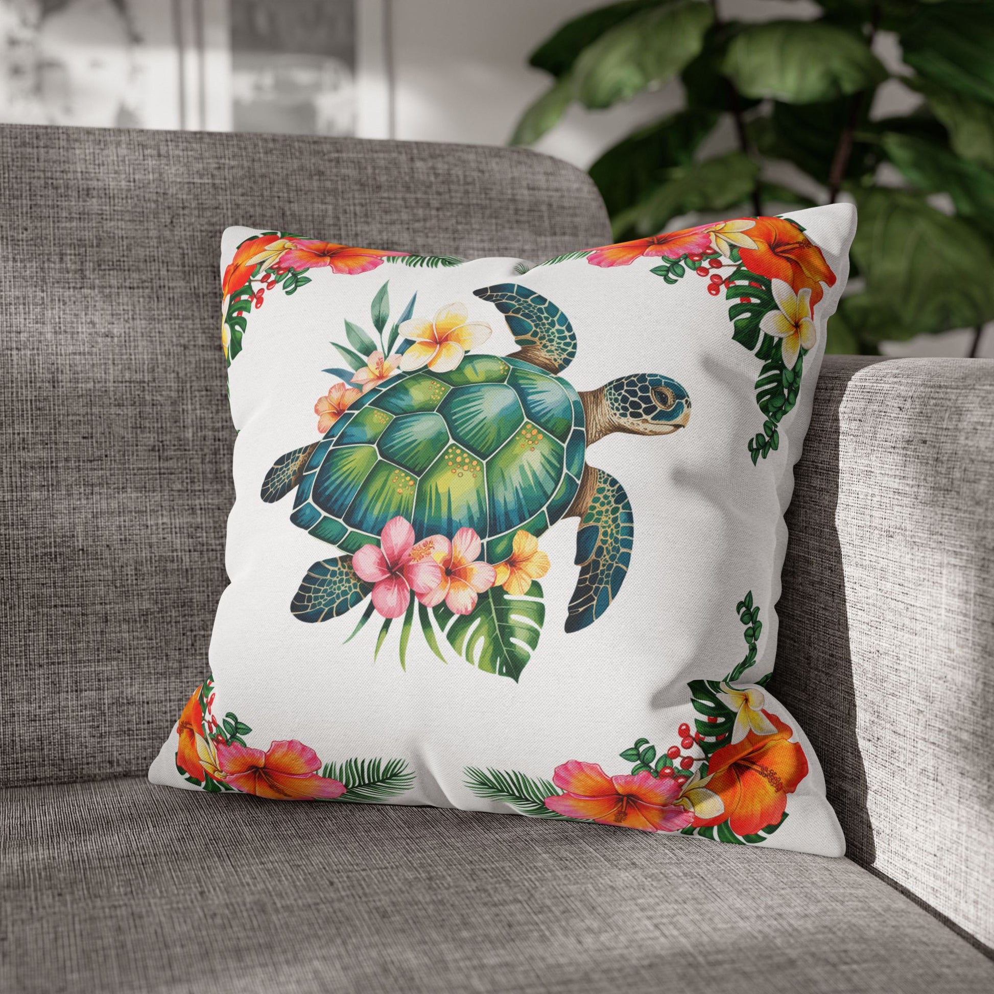 18" x 18" white pillowcase with hibiscus flowers and a sea turtle design.