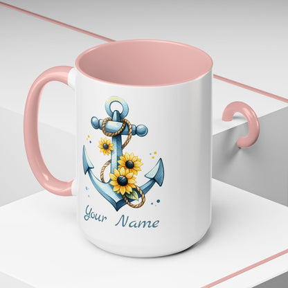 15 oz White mug with pink handle and interior with Anchor and Sunflowers with text Seas the Day