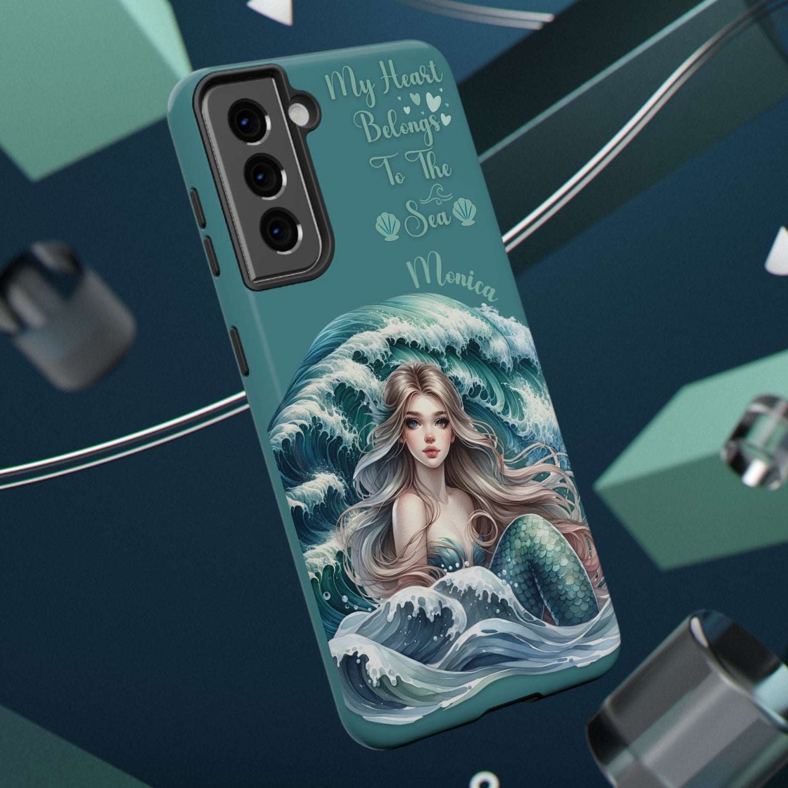 iPhone case with mermaid design and text on a dark blue background