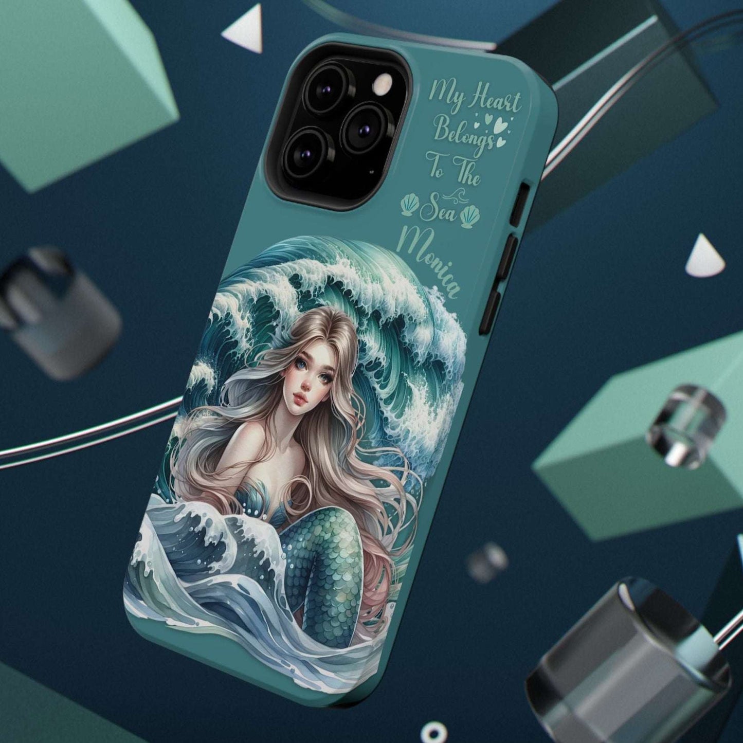 iPhone case with mermaid design on a dark blue background