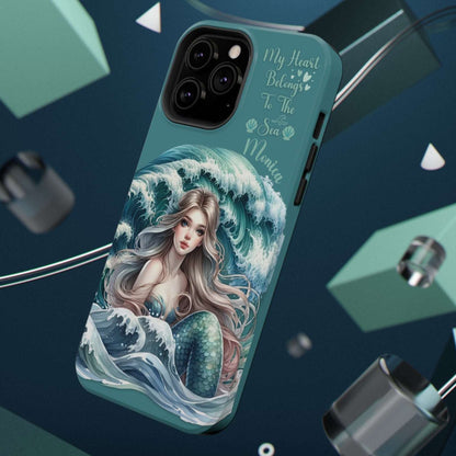 iPhone case with mermaid design on a dark blue background