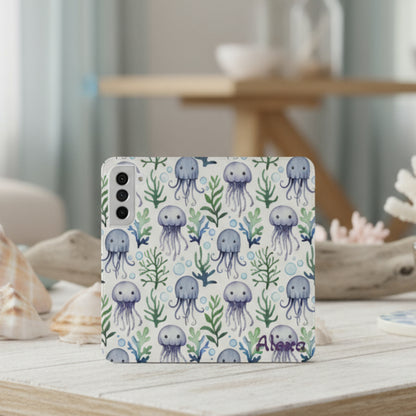 Phone case with jellyfish and seaweed pattern on a light background