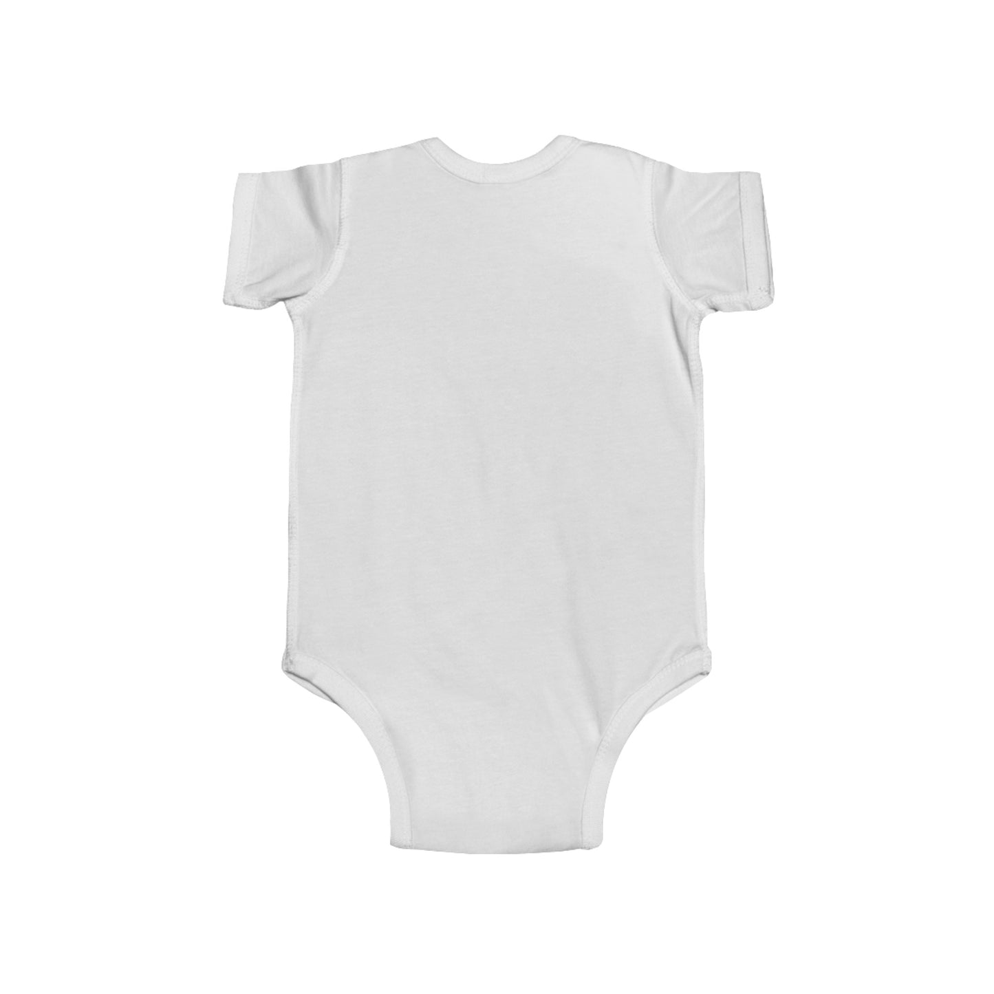 Back of white bodysuit for baby with short sleeves