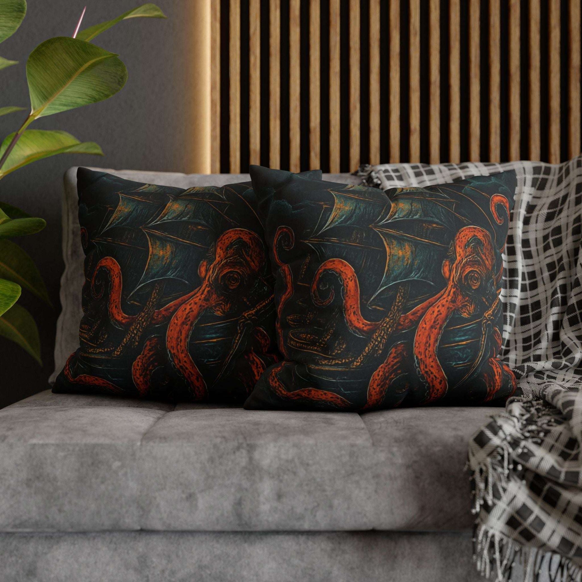 20" x 20" Black pillowcase with a design of a large octopus enveloping an old sail ship.