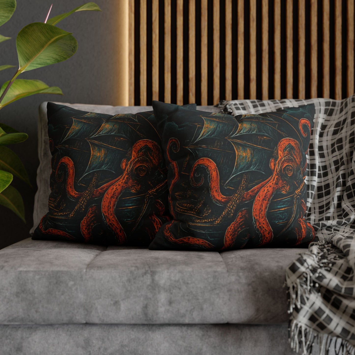 20" x 20" Black pillowcase with a design of a large octopus enveloping an old sail ship.