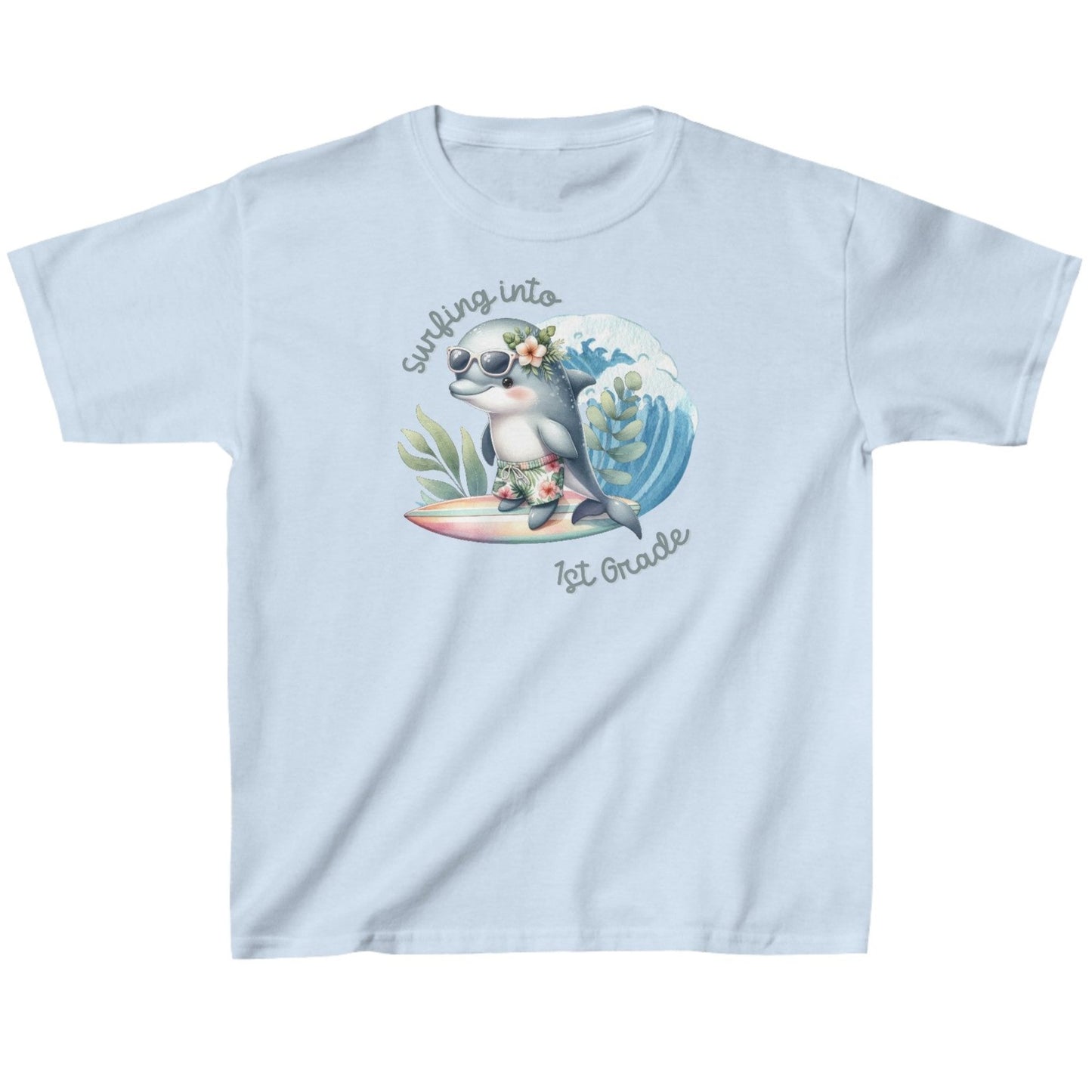 Baby blue Child's T-shirt with surfing baby dolphin with text surfing into 1st grade