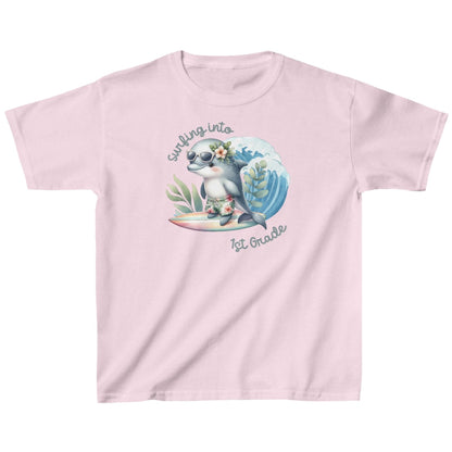 Light Pink Child's T-shirt with surfing baby dolphin with text surfing into 1st grade