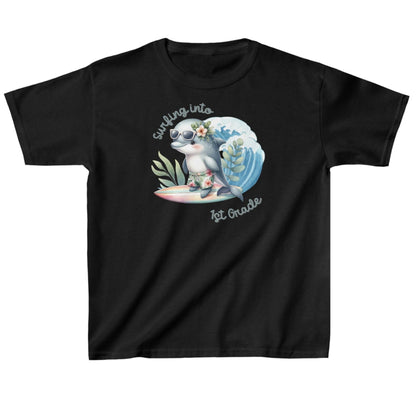 Black Child's T-shirt with surfing baby dolphin with text surfing into 1st grade