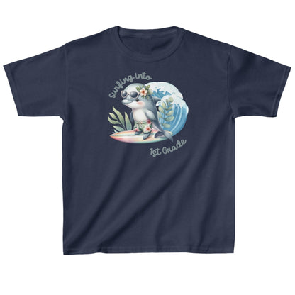 Navy Child's T-shirt with surfing baby dolphin with text surfing into 1st grade