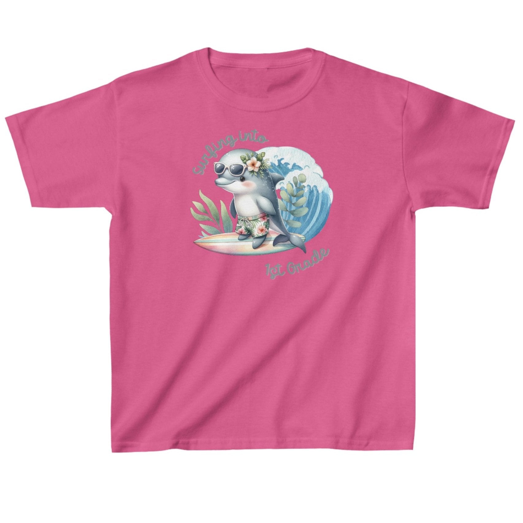 Azalea Child's T-shirt with surfing baby dolphin with text surfing into 1st grade