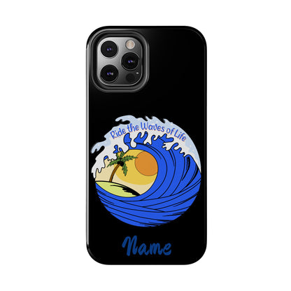 Phone case black with barrel wave with sunset in middle that says Ride the Waves of life