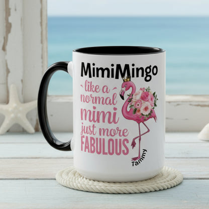 Mug with pink flamingo design and text on a white background