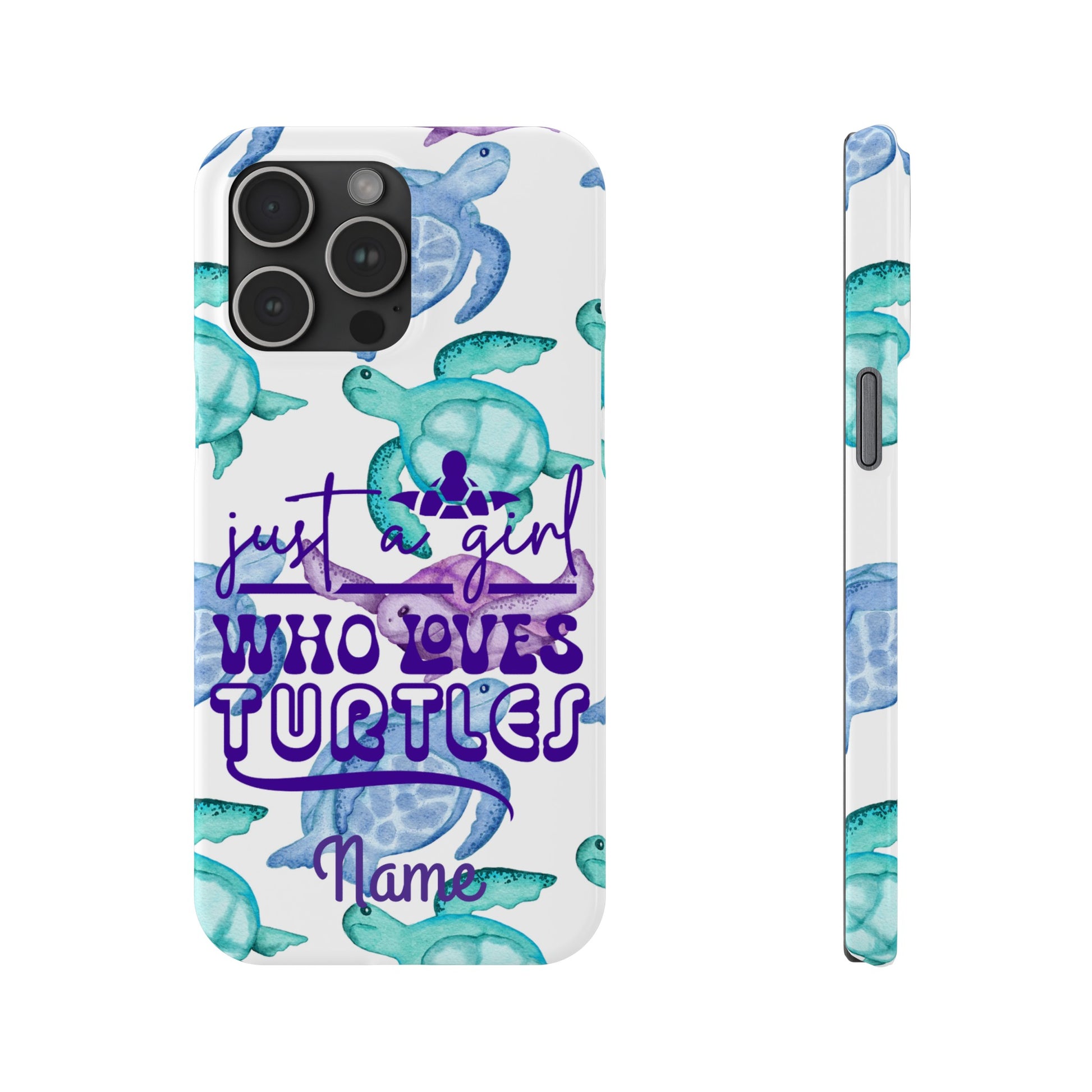 Iphone case with turquoise, blue and purple sea turtles that says  Just a Girl Who Loves Sea turtles