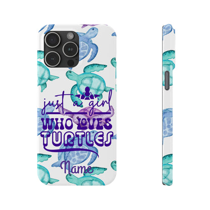 Iphone case with turquoise, blue and purple sea turtles that says  Just a Girl Who Loves Sea turtles