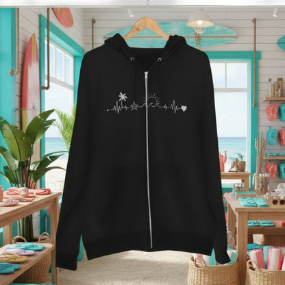 Black hoodie with a zipper and white designs on a hanger against a white background