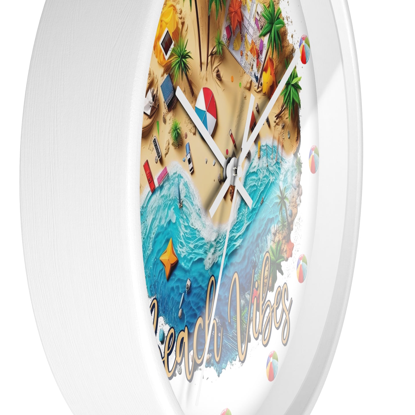 Side view of A round wall clock with a white frame with a beach scene that says Beach Vibes and has beach balls in place of the numbers to show the time.