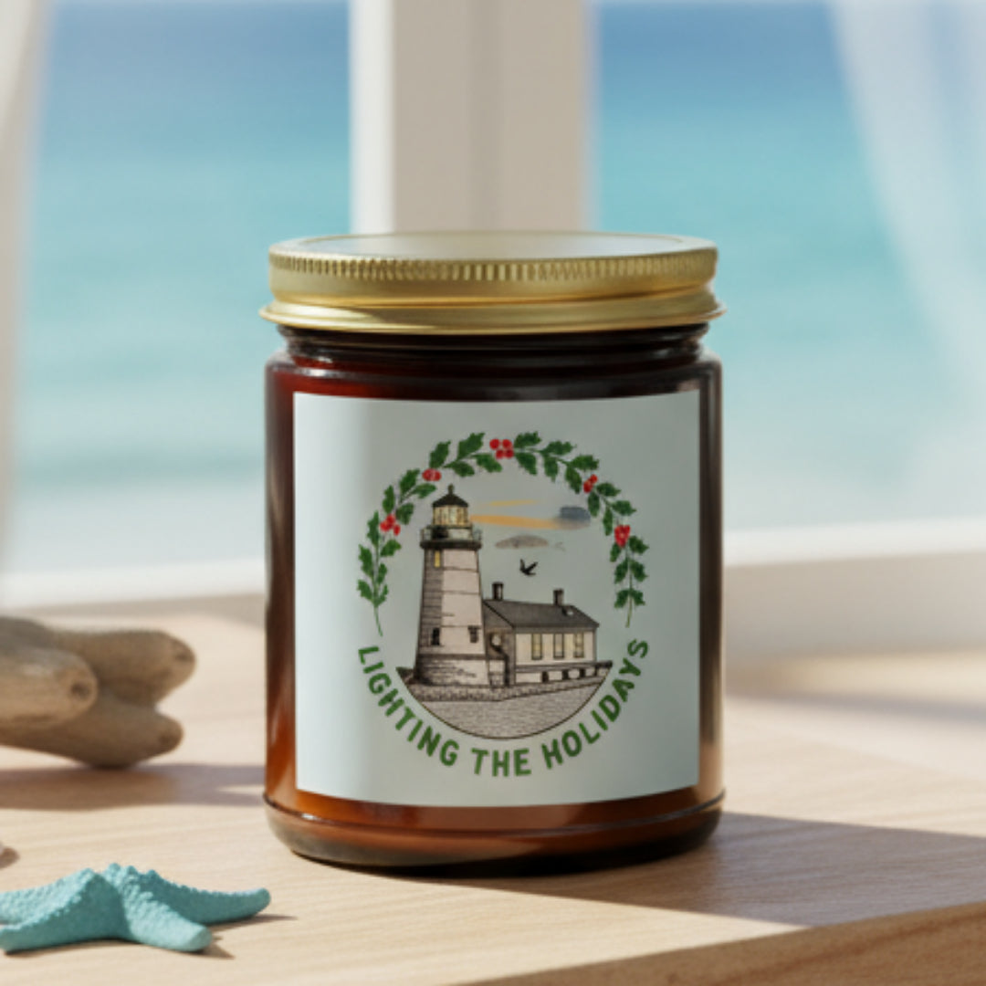 Candle jar with a lighthouse label on a white background