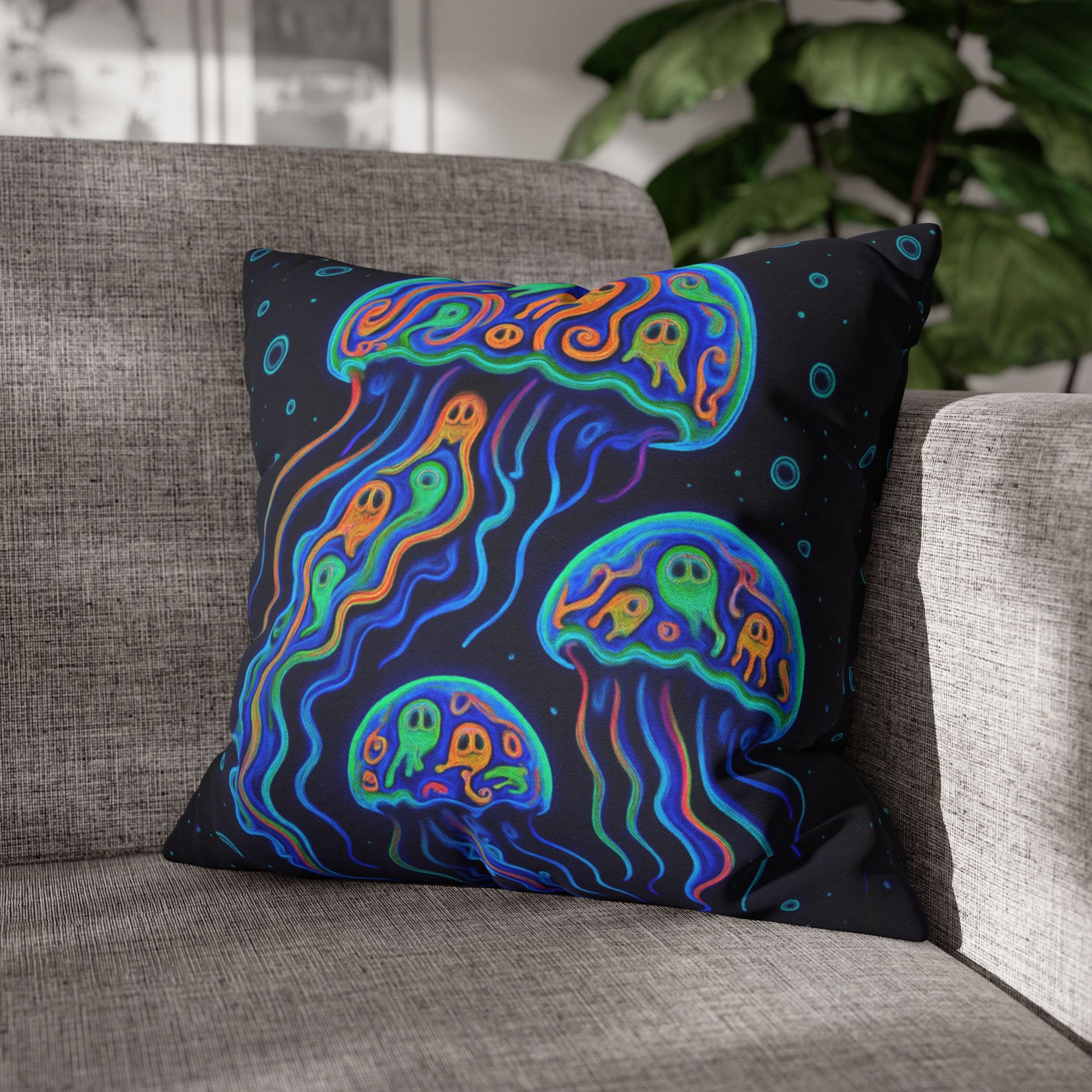 Decorative Halloween pillow with colorful jellyfish design double-sided. 
