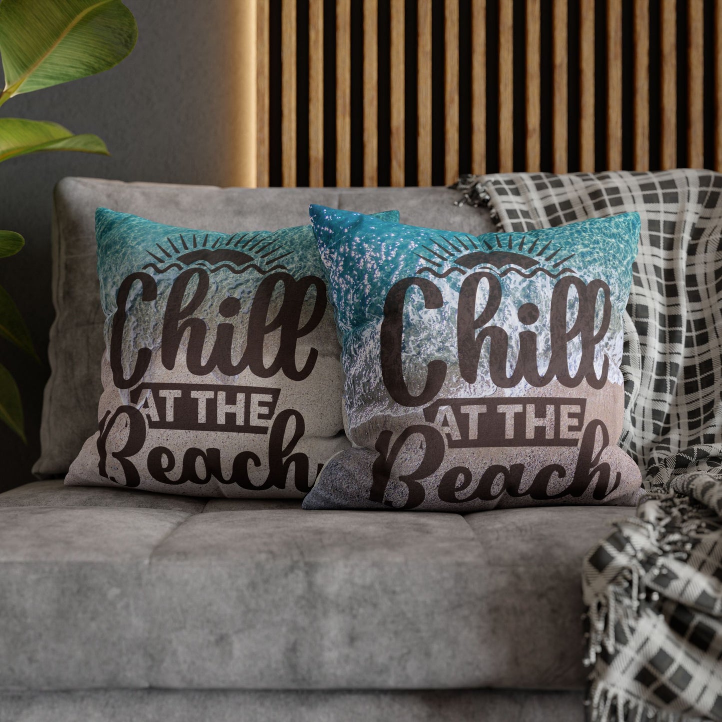 Two 18" x 18" decorative pillows with 'Chill at the Beach' text on a beach background. 