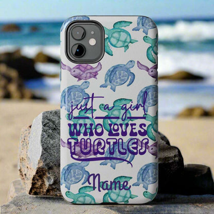 Phone case with sea turtle design and text 'just a girl who loves turtles' on a gray background
