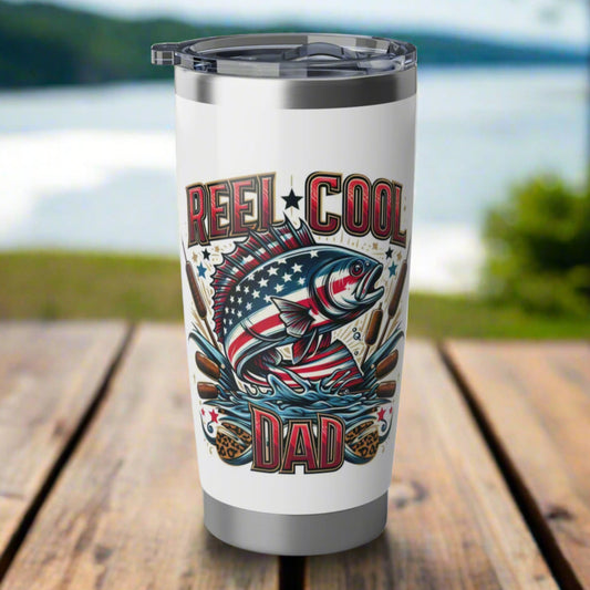 Reel Cool Dad 20 oz. tumbler with an American flag bass design, perfect for fishing enthusiasts and patriotic dads.
