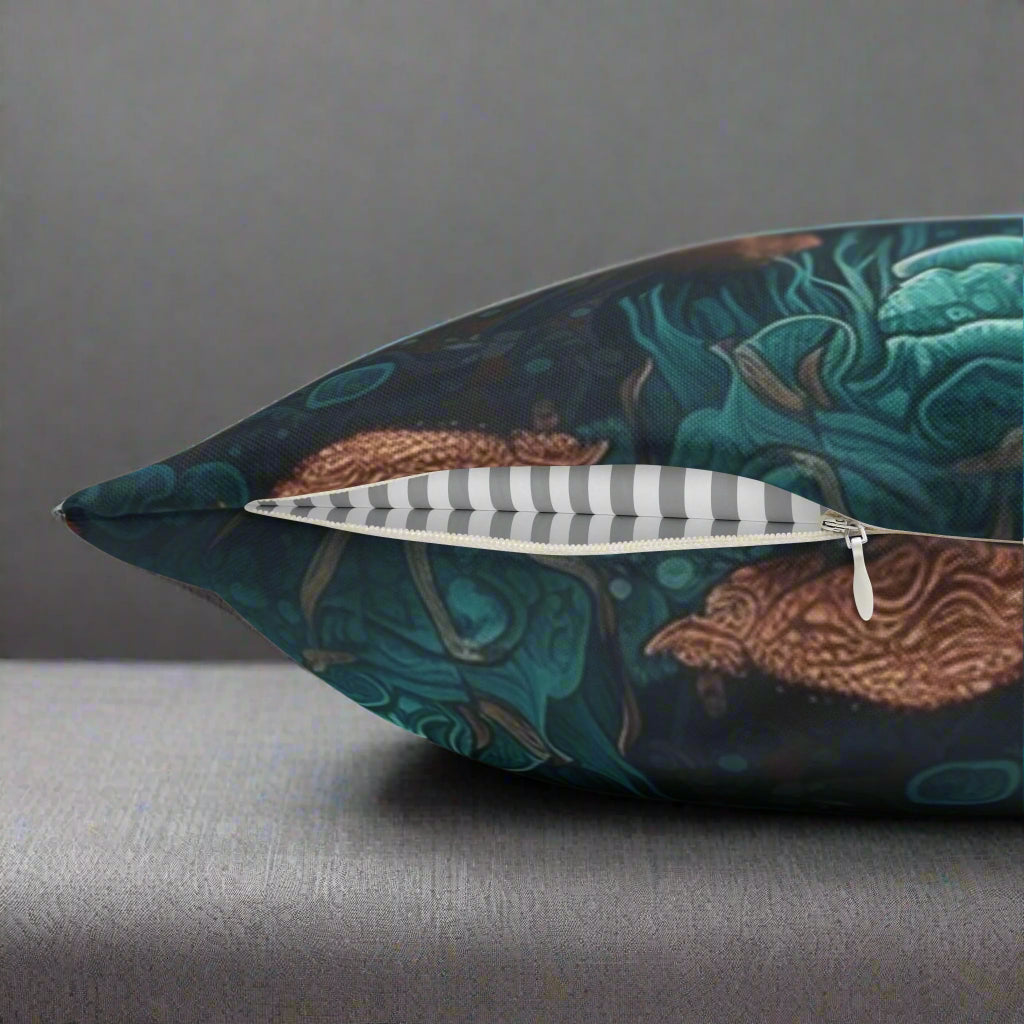 Decorative pillow with a detailed design on a gray background