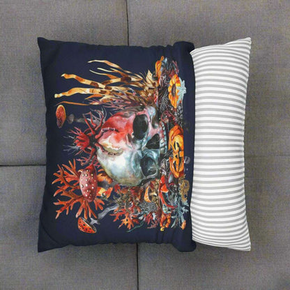 Decorative pillow with a colorful skull and coral design showing the ease of removal.