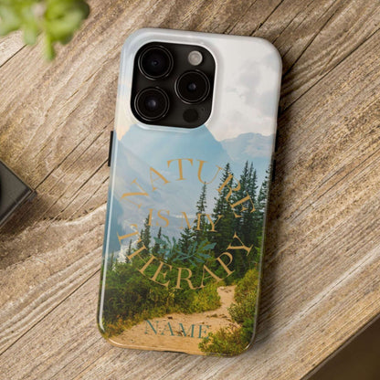 Phone case with nature design on a wooden surface
