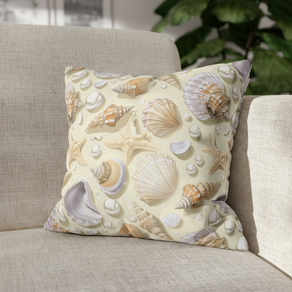 Decorative pillow with shell pattern on a couch.