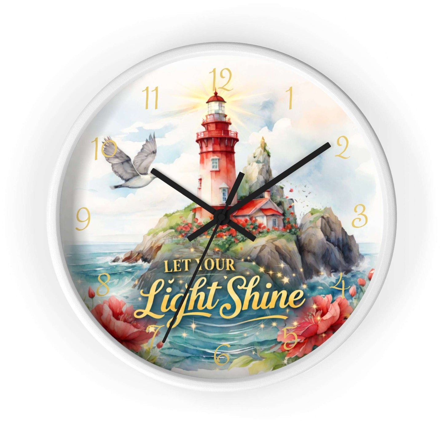 Decorative clock with a lighthouse design and 'Let Our Light Shine' text on a white background.