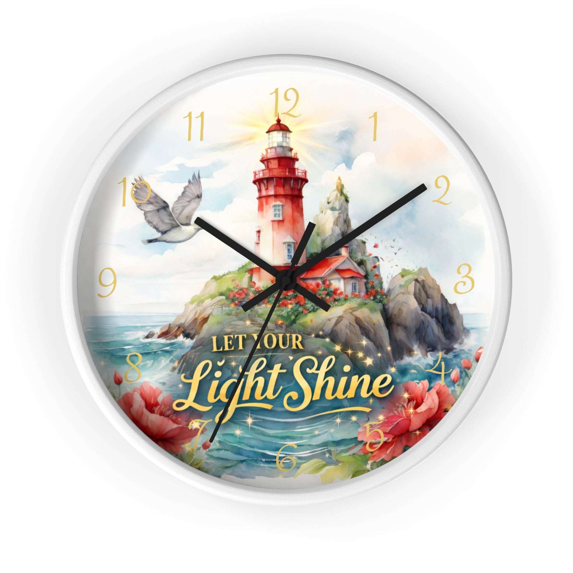 Decorative clock with a lighthouse design and 'Let Our Light Shine' text on a white background.