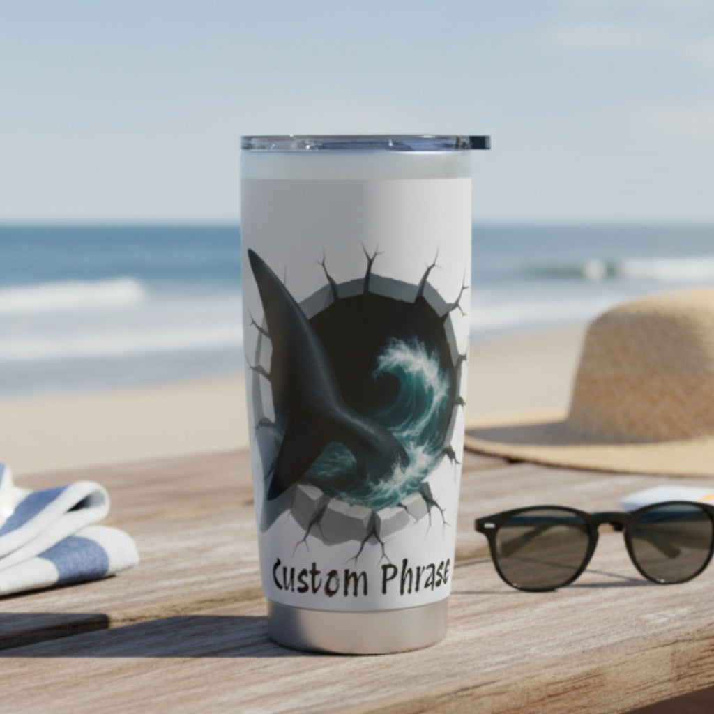Stainless steel tumbler with shark breakout design and 'Custom Phrase' text on a white background