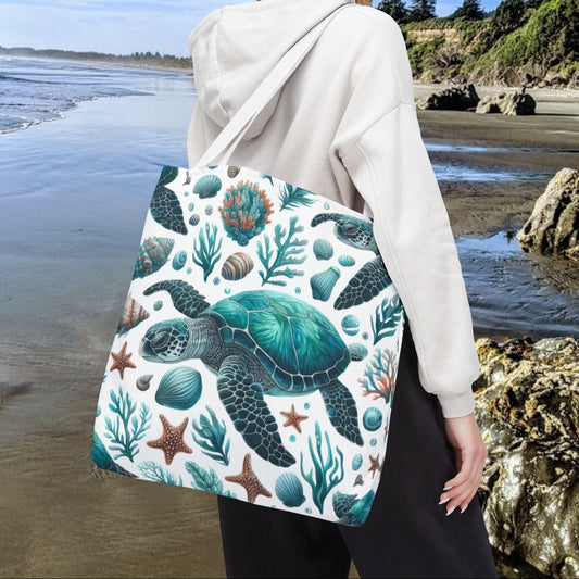 18" x 18" Tote bag with an all-over print of sea turtles and underwater life on a white background with white straps.