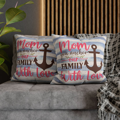 Two 20" x 20" Decorative pillow blue and white striped pillowcase with an anchor design and the words “Mom is the Anchor of Our Family.”