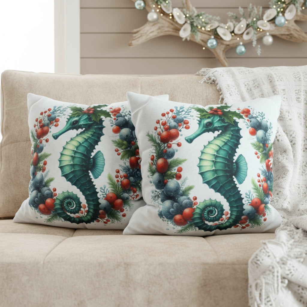 Decorative pillows with seahorse designs on a couch