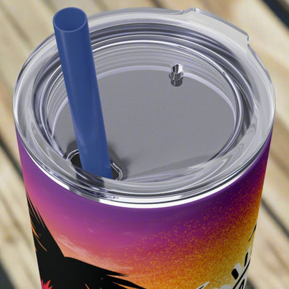 top of skinny tumbler showing clear top with blue straw