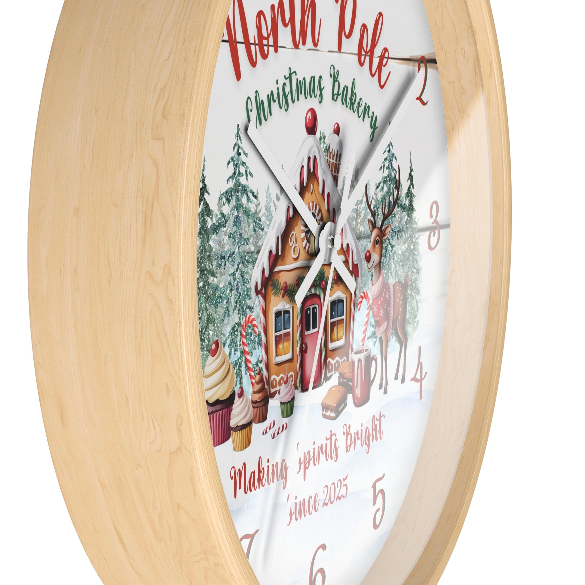 Wall clock with Christmas-themed design featuring a gingerbread house and reindeer.