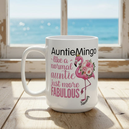 White mug with flamingo design and text on a white background personalized with name.