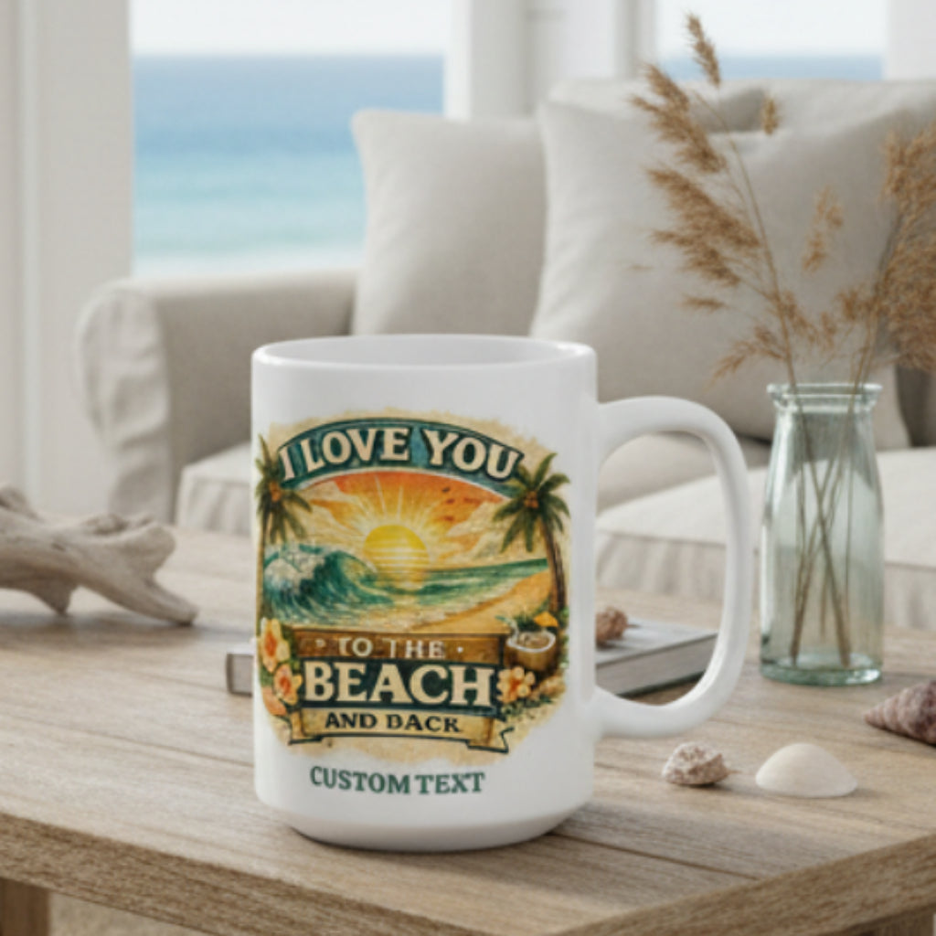 White mug with beach-themed design and text on a white background