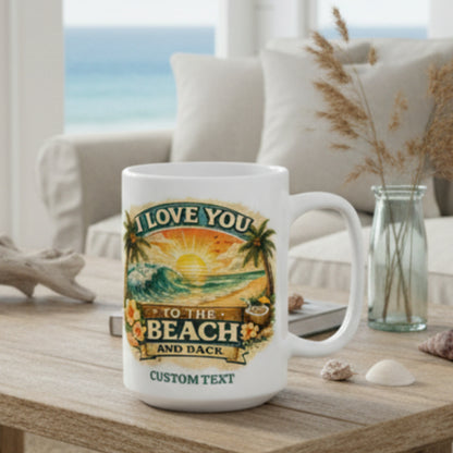 White mug with beach-themed design and text on a white background