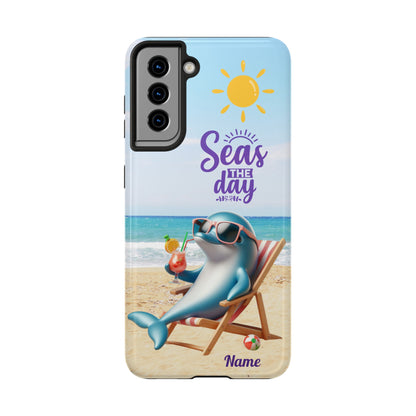 Phone Case Dolphin sitting in beach lounge chair on beach with text Seas The Day Personalized