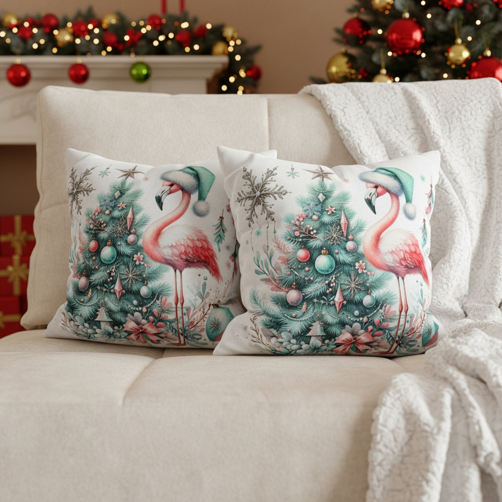 Decorative pillows with flamingo and Christmas tree designs on a sofa.