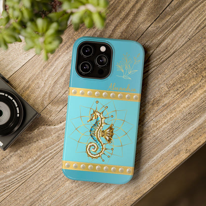 Phone case with seahorse design and 'personalized' text on a teal blue background.