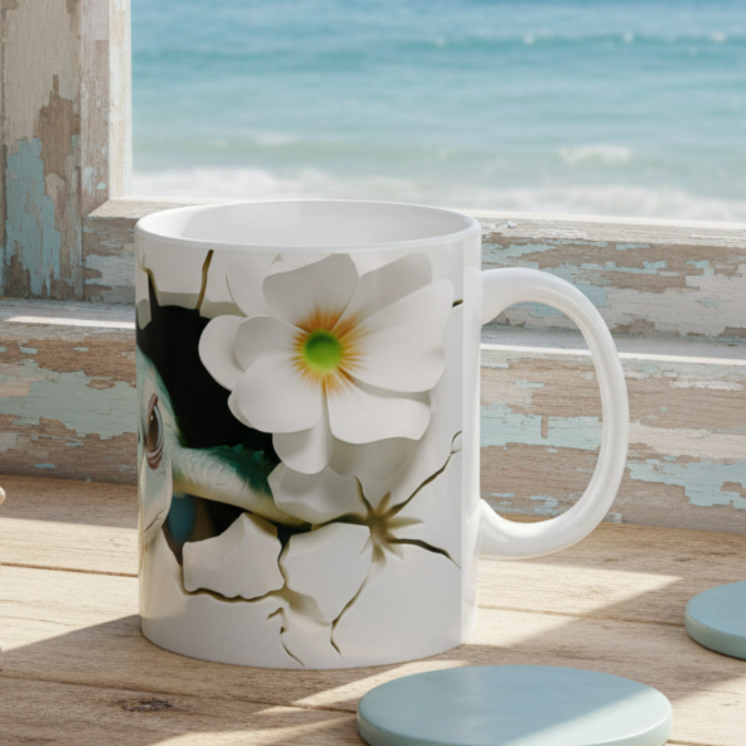 White mug with floral design on a white background