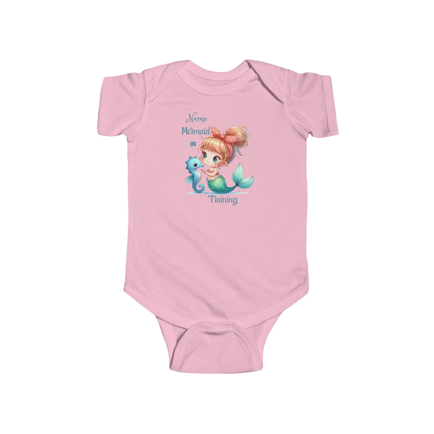  Pink baby bodysuit with short-sleeves with mermaid and seahorse that says Mermaid in Training with space for a name above.