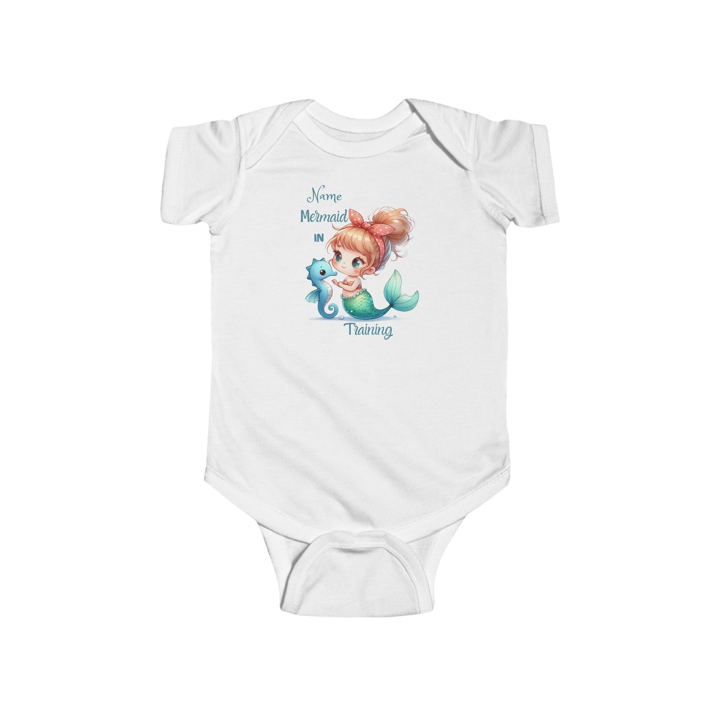 White  baby bodysuit with short-sleeves with mermaid and seahorse that says Mermaid in Training with space for a name above.