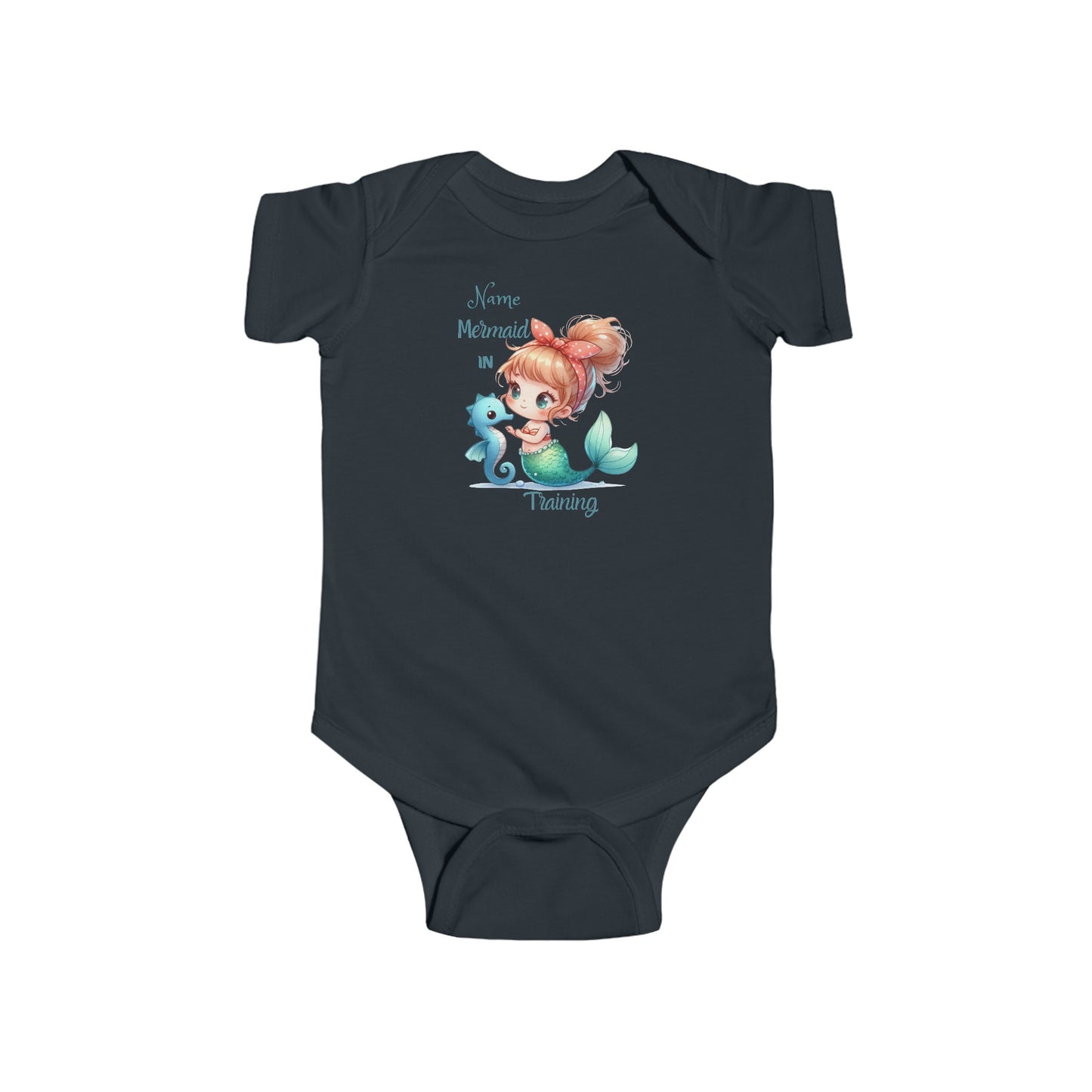 Black  baby bodysuit with short-sleeves with mermaid and seahorse that says Mermaid in Training with space for a name above.