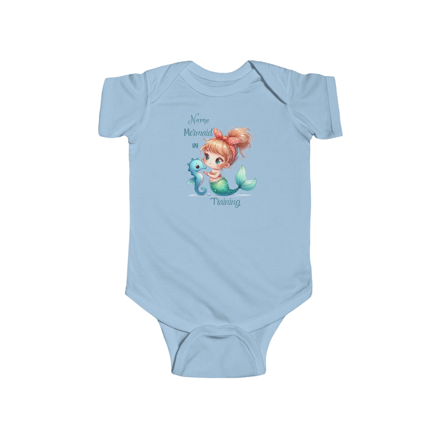 Light Blue  baby bodysuit with short-sleeves with mermaid and seahorse that says Mermaid in Training with space for a name above.