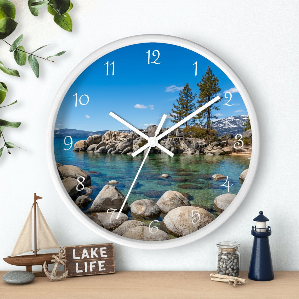 Wall clock with a scenic design of a lake and mountains on a white background