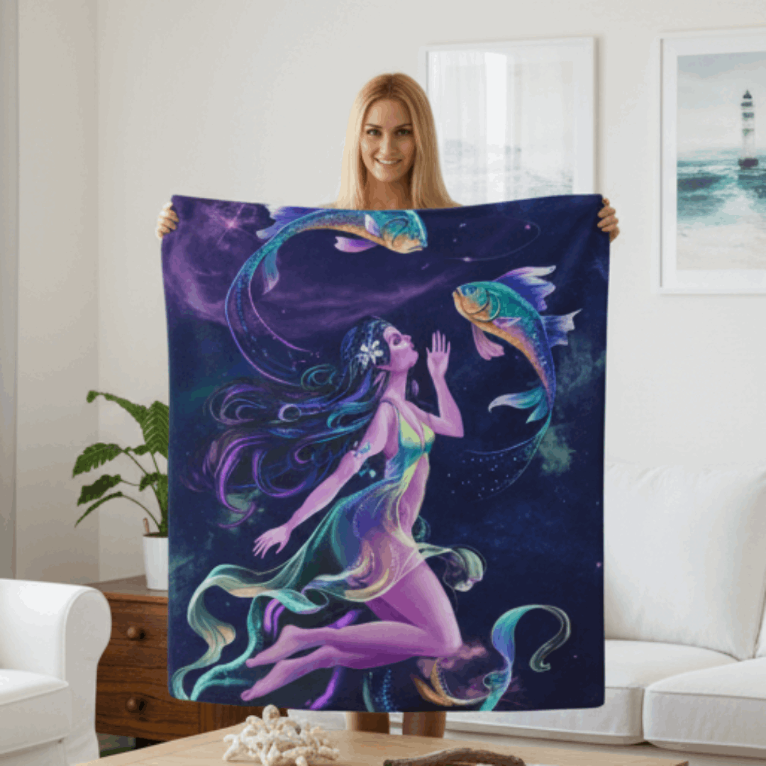 Woman holding a colorful mermaid blanket in a living room